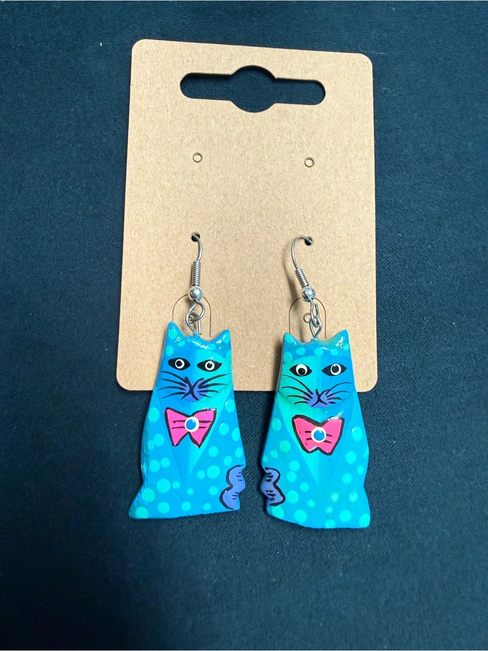 🐱 Sassy Blue Cat Earrings w/ Pink Bow – Whimsical, Quirky, purr-fect!